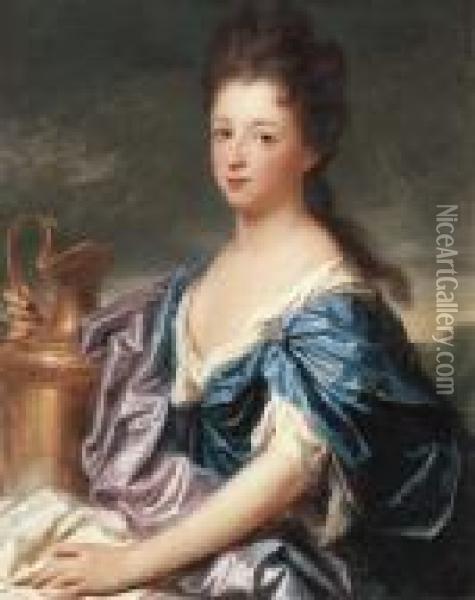 Portrait Of A Lady, Said To Be 
The Marquise D'epinay As Hebe,half-length, In A Blue Dress, Holding An 
Urn Oil Painting - Jean-Baptiste Santerre