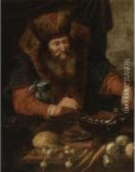 Bearded Man Cooking Sausages Oil Painting - Artus Wollfort