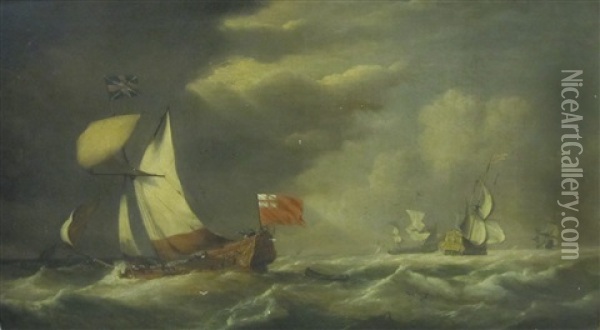 An Admiralty Yacht With An Admiral-of-the Fleet Aboard Bearing Away From Ships Of The Fleet Ahead Of An Approaching Storm Oil Painting - Willem van de Velde the Younger