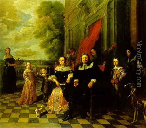 Group Portrait Of A Family On A Terrace Oil Painting - Gonzales Coques