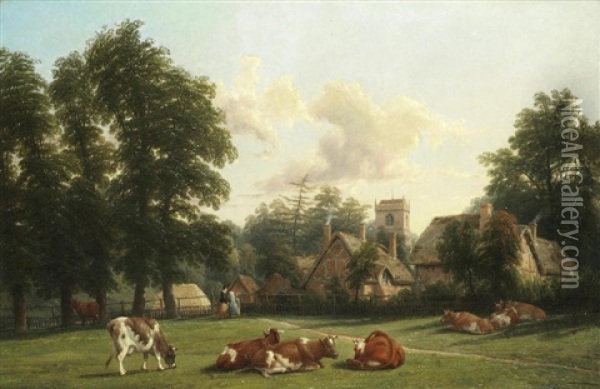 A Pastoral Village Scene Oil Painting - Thomas (of Leamington) Barker