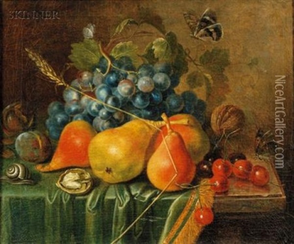 Still Life With Summer Fruits And Nuts, Butterflies And Snail Oil Painting - Johann Daniel Bager