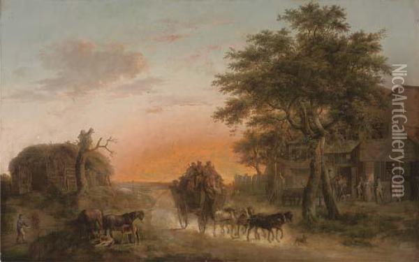 Stopping Off For A Night At The Red Lion Oil Painting - Philip Jacques de Loutherbourg