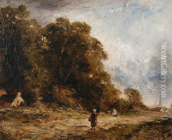 Figure On A Path By A Gypsy Encampment Oil Painting - Thomas Gainsborough