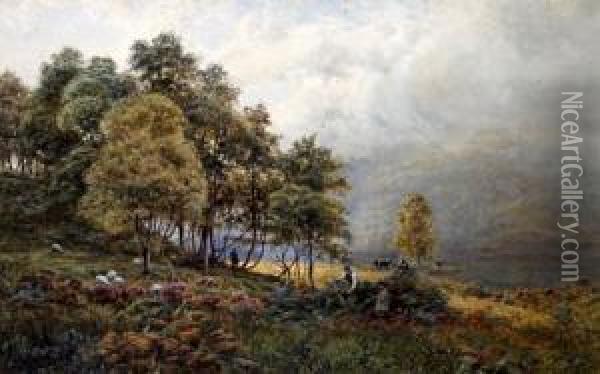 Wooded Lake Landscape With Figures By The Lakeside, Thought To Be Loch Awe Oil Painting - James Whaite