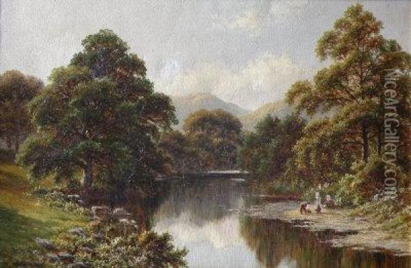 Children On A River Bank, North Wales Oil Painting - Robert Mann