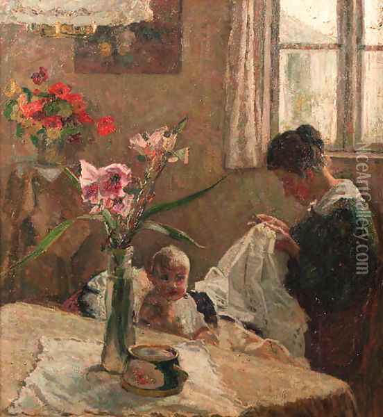 A sunlit interior with a mother sewing by a baby Oil Painting - Jacobus Frederik Sterre De Jong