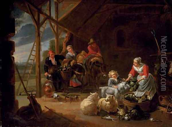 A peasant woman selling vegetables in a barn with travellers loading their donkeys Oil Painting - Willem van, the Elder Herp