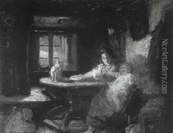 In Einer Burgerlichen Wohnstube Sitzt Eine Junge Frau Mit   Ihrem Kind... Oil Painting - A. Striebel