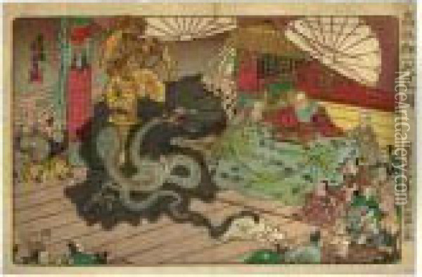 ````apparution Of The 
Seven-faced Divinity At Minobuzan, October 1277', From The Series 
````koso Goichidai Ryakuzu' (a Short Pictorial Biography Of The Founder 
Of The Nichiren Sect) Oil Painting - Utagawa Kuniyoshi