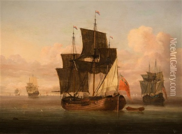 A Captured Dutch Fluyt In A Calm Oil Painting - Willem van de Velde III