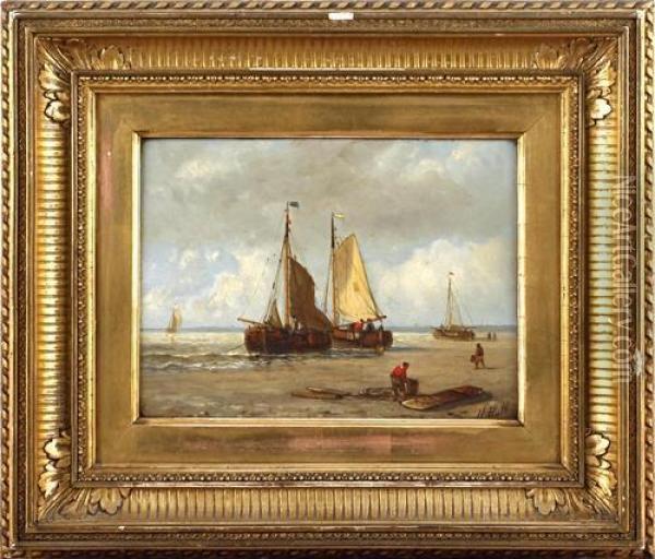 Coastal Scenes With Fishing Boats And Figures On The Shore Oil Painting - Hendrik Hulk