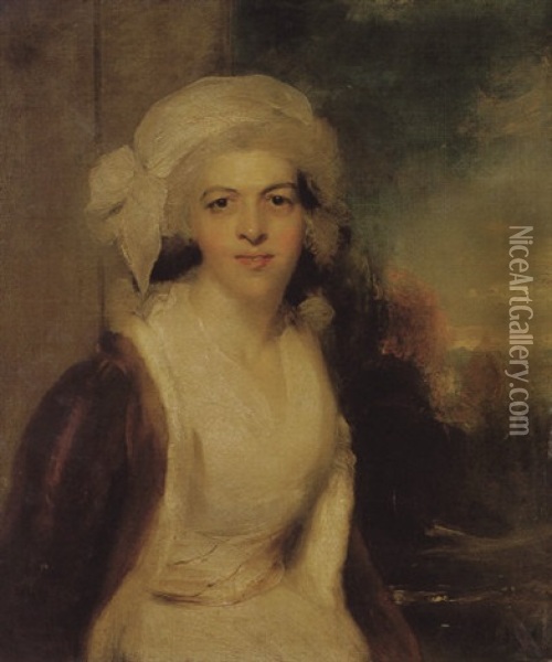 Portrait Of Rebecca, Lady Simeon, Wearing A White Dress And Fur Wrap, With A Landscape Beyond Oil Painting - Thomas Lawrence