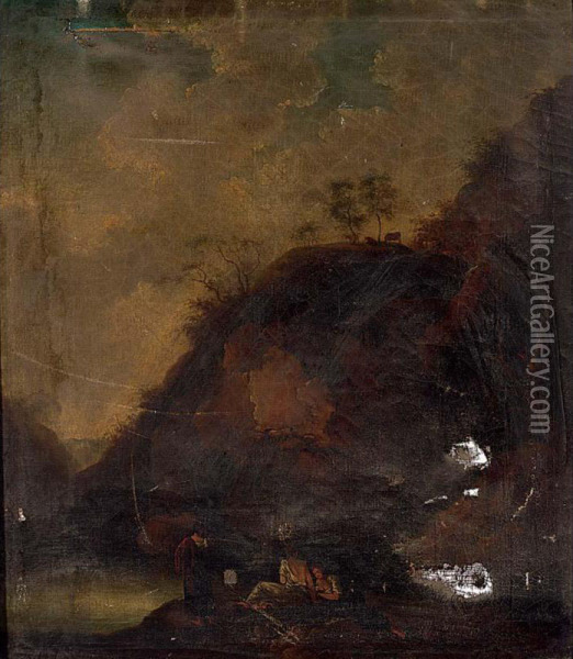 An Arcadian Mountainous Landscape With Figures Resting Near A Pond Oil Painting - Marianne Walpurgis Kraus