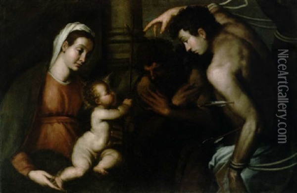 La Madonna Con I Santi Giovanni Battista E San Sebastiano Oil Painting - Jacopo Palma il Giovane