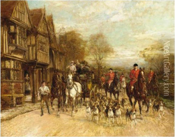 Outside The Three Crowns Inn Oil Painting - Heywood Hardy