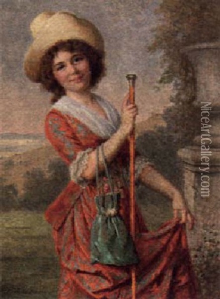 Portrait Of A Young Girl In A Rust Coloured Dress, Holding A Cane Oil Painting - Rudolf Hirth Du Frenes