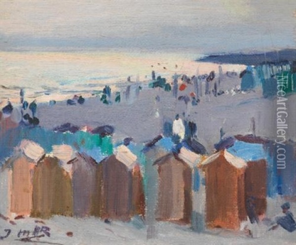 Casetas De Bano, Playa De Vilanova (bathing Huts On The Beach At Vilanova) Oil Painting - Joaquin Mir Trinxet