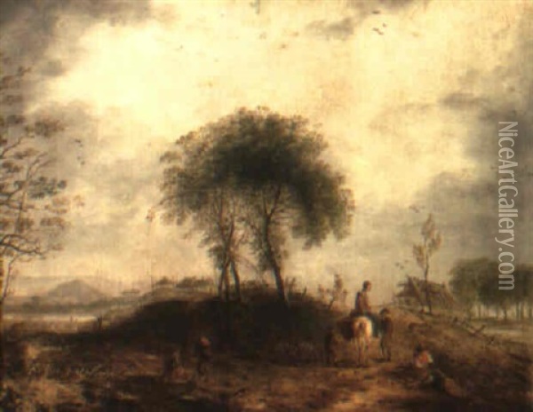 Wooded Landscape With Figures Outside A Village Oil Painting - Johann Christian Brand