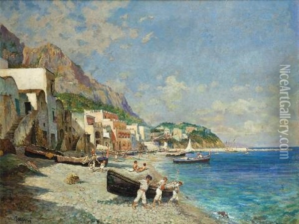 Spiaggia Di Capri Oil Painting - Augusto Lovatti