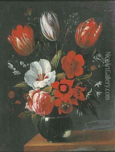 Tulips, roses and other flowers in a glass vase on a wooden ledge Oil Painting - Nicolaes Van Verendael