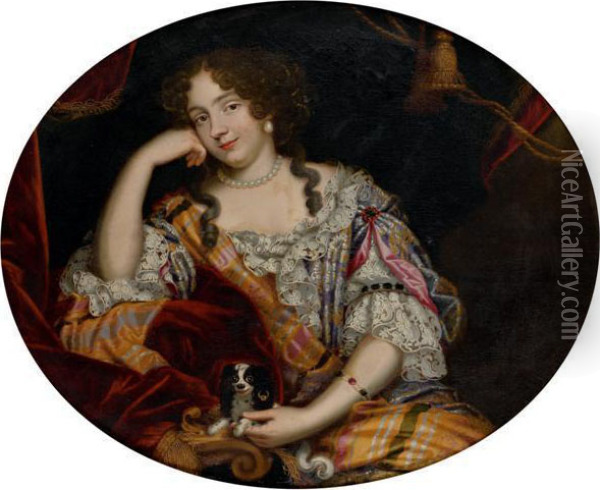 Portrait De Jeune Femme Avec Son Chien Oil Painting - Pierre Le Romain I Mignard