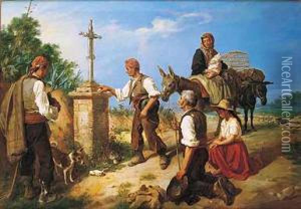 Campesinos Rezando En El Camino Oil Painting - Manuel Cabral Aguado Y Bejarano