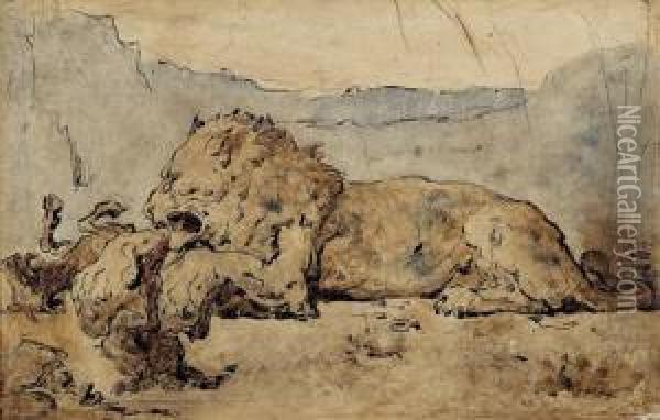 Lion Devorant Une Chevre. Oil Painting - Eugene Delacroix