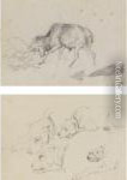 Studies Of A Terrier And Study Of A Stag Fighting Oil Painting - Landseer, Sir Edwin