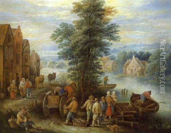 Paysans Au Bord D'un Fleuve Oil Painting - Theobald Michau