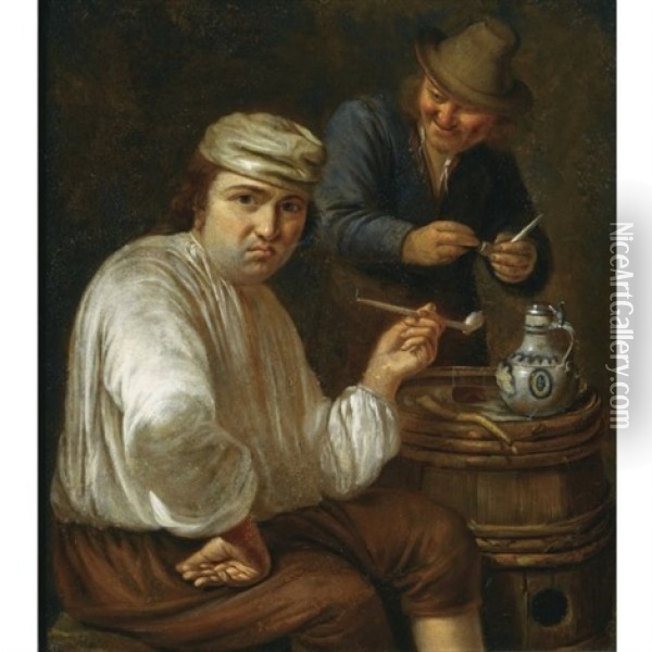 A Peasant Seated Next To A Barrel Smoking A Pipe, Another One Standing Behind Him Preparing A Pipe Oil Painting - Mathijs Wulfraet