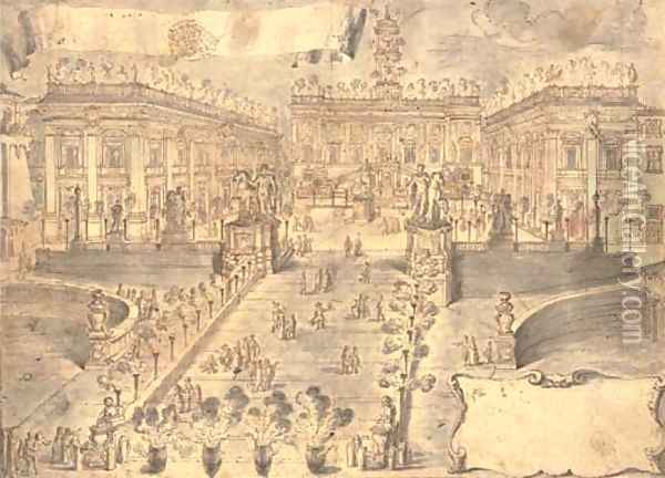 The Cordonata and Piazza del Campidoglio, Rome Oil Painting - Pompeo Aldrovandini