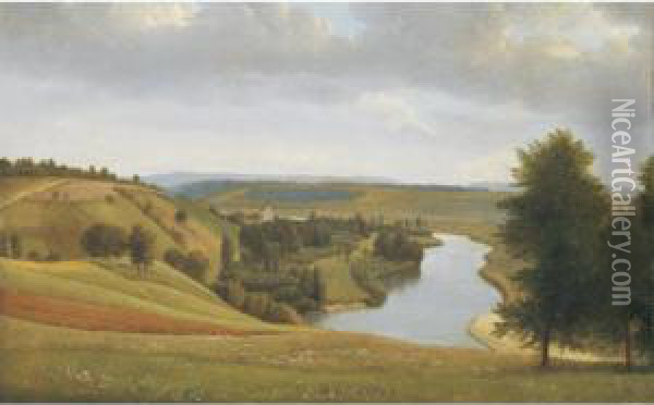 River Landscape Oil Painting - Alexandre-Hyacinthe Dunouy