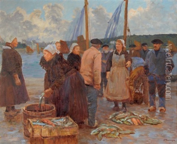 Le Marche Aux Poissons En Bretagne Oil Painting - Joseph Felix Bouchor