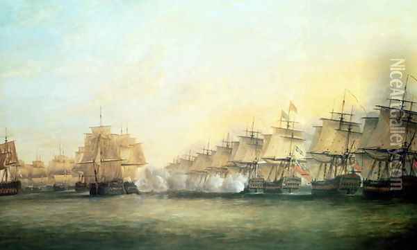 The fourth action off Trincomalee between the English under Admiral Sir Edward Hughes c.1720-94 and the French under M. de Suffren, 1782 Oil Painting - Dominic Serres