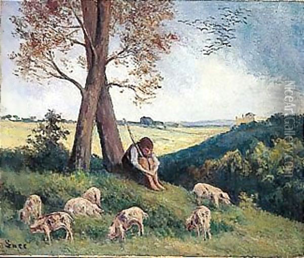 Rolleboise, Le Gardien De Cochons Oil Painting - Maximilien Luce