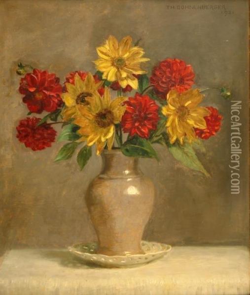 Floral Still Life With Sunflower And Red Dahlias In A Vase Oil Painting - Theodor Bohnenberger