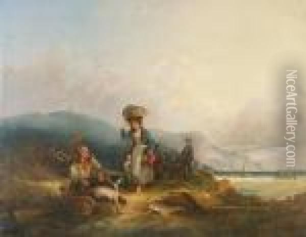 Fisherfolk And Their Catch By The Sea Oil Painting - Snr William Shayer