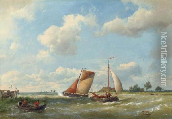 Dutch Barges In Choppy Waters Oil Painting - Hermanus Koekkoek