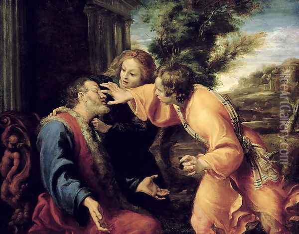 The Young Tobias Heals his Blind Father, c.1600 Oil Painting - Annibale Carracci