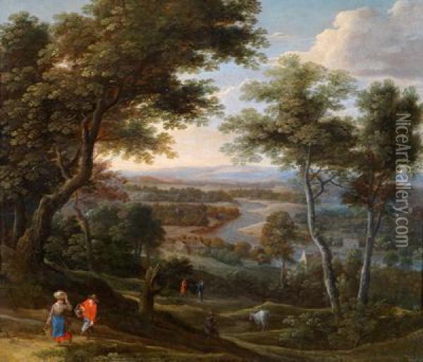 Weitebaumbestandene Landschaft Mit Bauerlichen Figuren Oil Painting - Jacques Fouquieres