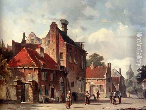 View Of a Town With Figures In A Sunlit Street Oil Painting - Adrianus Eversen