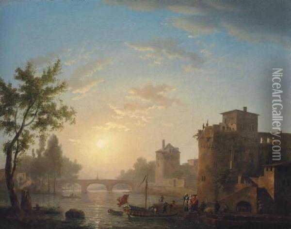 A Mediterranean Port At Sunset, With A Lady Embarking A Boat, A Bridge Beyond Oil Painting - Nicolas Antoine Taunay