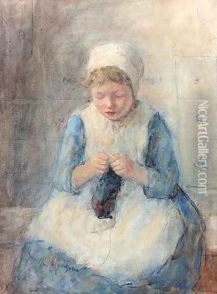 A girl knitting Oil Painting - Robert Gemmell Hutchison