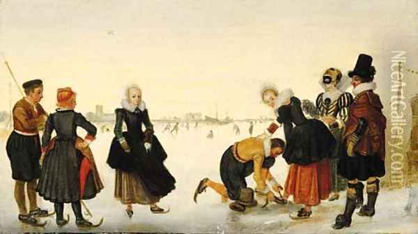 Elegant ladies and gentlemen taking to the ice on a frozen river with skaters and a town beyond Oil Painting - Hendrick Avercamp