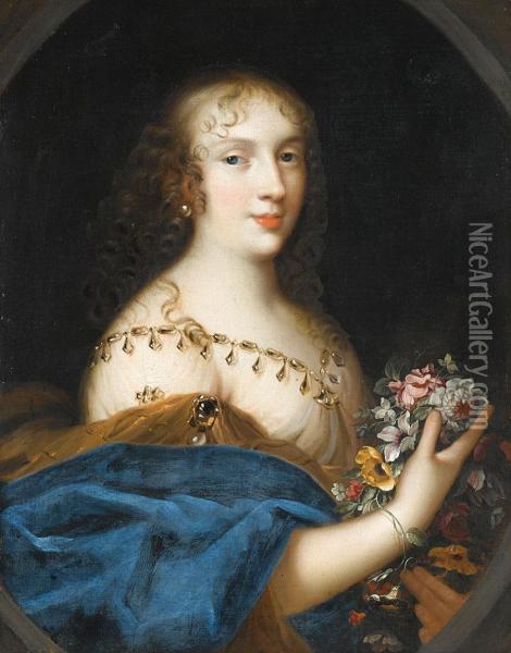 Portrait Of A Young Lady Half Length Holding A Bunch 

 Flowers Said To Be Anne-marie-louise D'orleans 

 Duchesse De Montpensier Oil Painting - Louis Ferdinand (the Elder) Elle