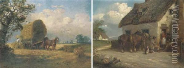 Outside The Village Inn; And Haymaking Oil Painting - Thomas Smythe