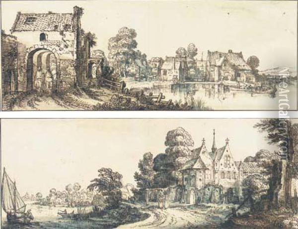 A Village On A Broad River With 
Two Horseman At A Gateway To Theleft; And An Abbey By A River With A 
Group Of Monks On Atrack Oil Painting - Jan Jansz. Van De Velde