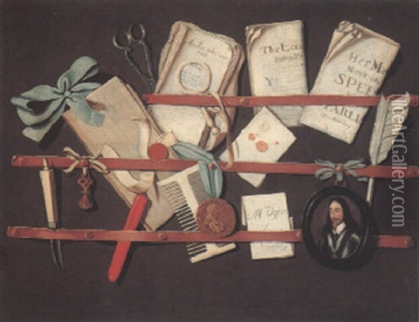 Trompe L'oeil With A Letter Rack And A Miniature Of Charles I Oil Painting - Edward Collier