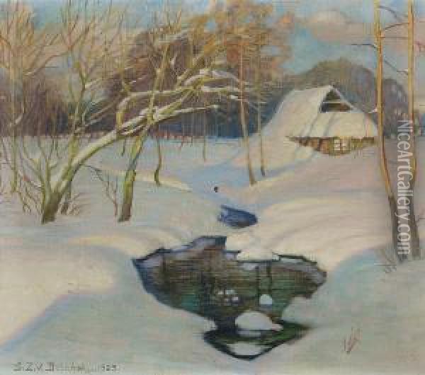 Tiefverschneite Winterlandschaft Mit Bauernhaus Und Offenem Wasserloch Oil Painting - Sixtus, Ritter Von Dzbanski